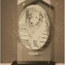 Glass plaque with an etched image of a dog and the name "Kipper" displayed on a black base.