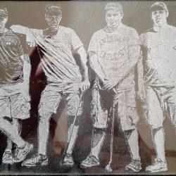 Etched image of four men standing side by side, all wearing shorts, t-shirts, and caps, posing casually.