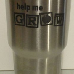 A stainless steel tumbler with the words "help me GROW" printed on it, with an apple icon in the letter "O".
