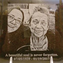 Etched photo of two women smiling, with the text "A beautiful soul is never forgotten" and dates 07/05/1939 - 01/19/2017.