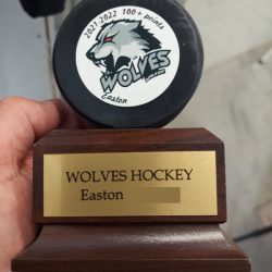 A hand holds a Wolves Hockey Easton trophy with a puck featuring a wolf logo and "100+ points 2021-2022" text.