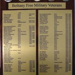 Plaque listing names, military branches, and service years of veterans from Bethany Free in Bluegrass, Minnesota.