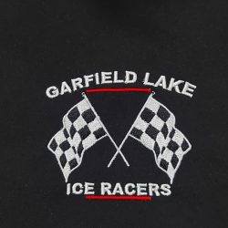 Embroidered logo with crossed checkered flags and text "Garfield Lake Ice Racers" on a black background.