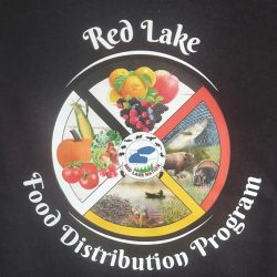 Logo for Red Lake Food Distribution Program featuring fruits, vegetables, fish, and game within a medicine wheel design.